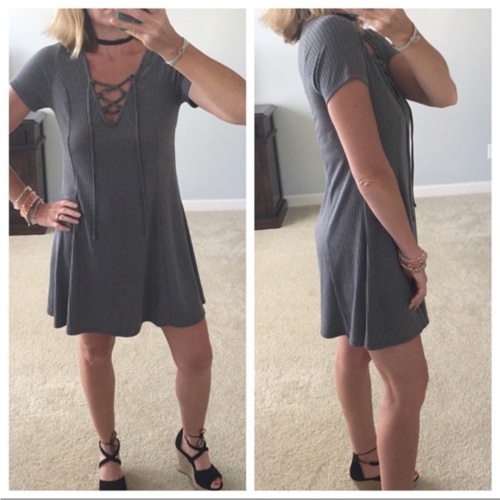 Charcoal Grey Ribbed, Lace Up Dress - Picture 1 of 5